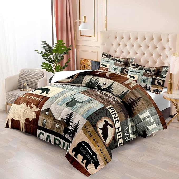 LUVIVIHOME 3PCS Black Bear Moose Deer Comforter Set, Full Size Comforter, Pine Tree Forest Animal Rabbit Elk Wolf Wildlife Hunting Cabin Lodge Vintage Country Rustic Farmhouse Bedding, 2 Pillow Shams - LeafyLoom