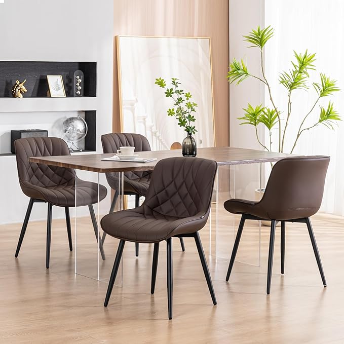 YOUNUOKE Dining Chairs Set of 2 Mid Century Modern Kitchen Chair Comfortable Upholstered Faux Leather Dinner Chairs for Kitchen Dining Room, Brown - LeafyLoom