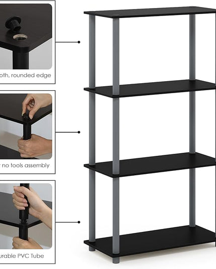 Furinno (99557BK/GY) Turn-N-Tube 4-Tier Multipurpose Shelf Display Rack - Black/Grey - LeafyLoom