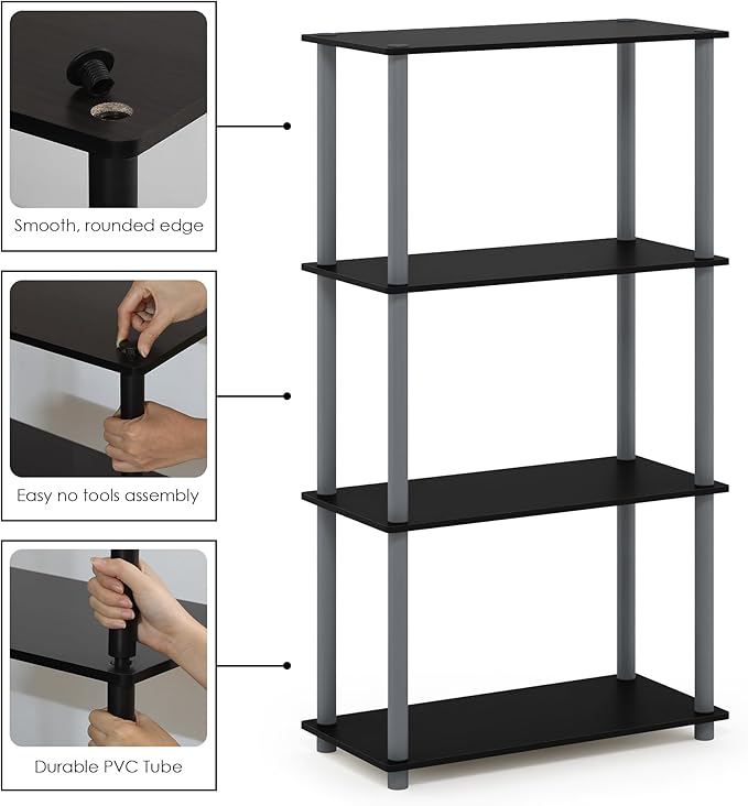 Furinno (99557BK/GY) Turn-N-Tube 4-Tier Multipurpose Shelf Display Rack - Black/Grey - LeafyLoom