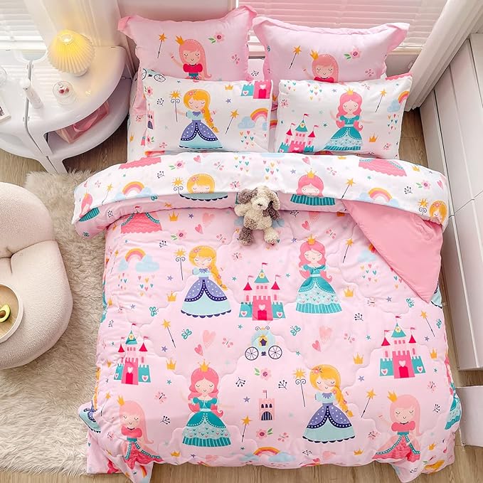 Wajade Kids Pink Princess Comforter Set Bed in a Bag Twin Size 7 Piece Princess Fairy Tales Castle Bedding Set for Girls (1 Comforter, 1 Flat Sheet, 1 Fitted Sheet, 2 Pillowcase and 2 Pillow Sham) - LeafyLoom