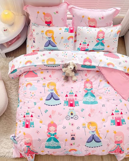 Wajade Kids Pink Princess Comforter Set Bed in A Bag Full Size 7 Piece Princess Fairy Tales Castle Bedding Set for Girl (1 Comforter, 1 Flat Sheet, 1 Fitted Sheet, 2 Pillowcase and 2 Pillow Sham) - LeafyLoom