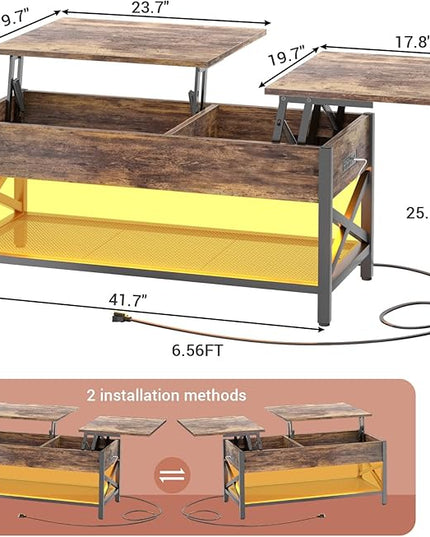 Coffee Table, Lift Top Coffee Table with Storage, LED Light & Power Outlet and Hidden Compartment, Retro Center Table for Living Room, X Support Wood Tabletop, Metal Frame, Rustic Brown - LeafyLoom