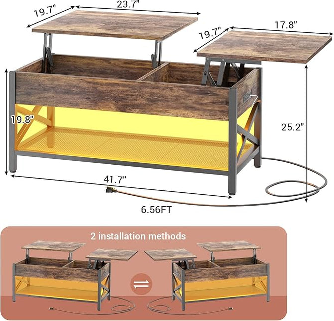 Coffee Table, Lift Top Coffee Table with Storage, LED Light & Power Outlet and Hidden Compartment, Retro Center Table for Living Room, X Support Wood Tabletop, Metal Frame, Rustic Brown - LeafyLoom
