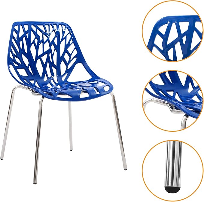 CangLong Modern Mid Century Plastic Shell Hollow Out Chair with Matal Legs for Living, Bedroom, Kitchen, Dining, Waiting Room,Set of 4, Blue - LeafyLoom