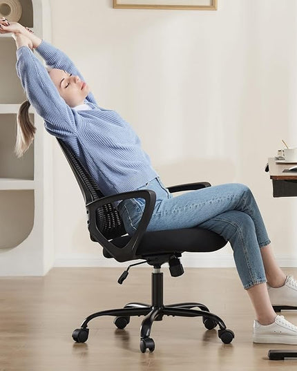 SMUG Office Computer Desk Ergonomic Mid-Back Mesh Rolling Work Swivel Task Chairs with Wheels, Comfortable Lumbar Support, Comfy Arms for Home, Bedroom, Study, Dorm, Student, Adults, Black - LeafyLoom