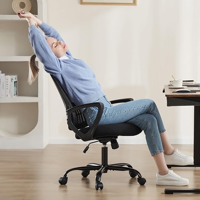 SMUG Office Computer Desk Ergonomic Mid-Back Mesh Rolling Work Swivel Task Chairs with Wheels, Comfortable Lumbar Support, Comfy Arms for Home, Bedroom, Study, Dorm, Student, Adults, Black - LeafyLoom