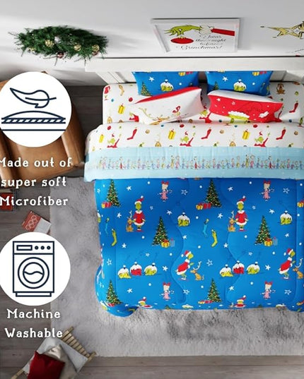 Franco Grinch by Dr. Seuss Holiday & Christmas Bedding Super Soft Comforter and Sheet Set with Sham, 7 Piece King Size (Official Dr. Seuss Product) - LeafyLoom