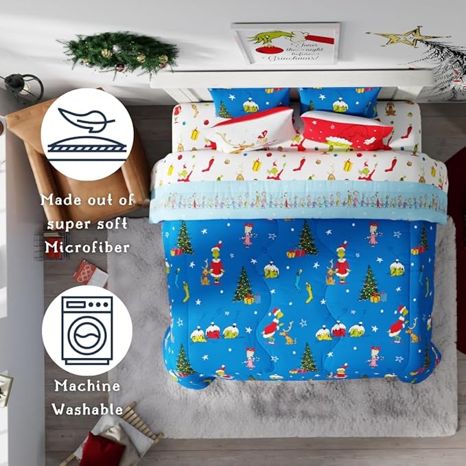 Franco Grinch by Dr. Seuss Holiday & Christmas Bedding Super Soft Comforter and Sheet Set with Sham, 7 Piece King Size (Official Dr. Seuss Product) - LeafyLoom