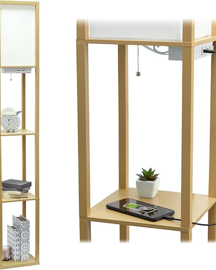 Simple Designs LF1037-TAN-LB Three Shelf Etagere Organizer Storage Floor Lamp with 2 Dual USB Ports and Charging Outlet, Tan, with Feit LED Bulb Included - LeafyLoom