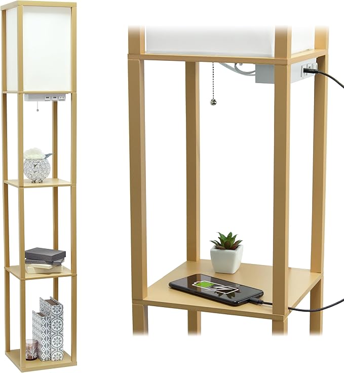 Simple Designs LF1037-TAN-LB Three Shelf Etagere Organizer Storage Floor Lamp with 2 Dual USB Ports and Charging Outlet, Tan, with Feit LED Bulb Included - LeafyLoom