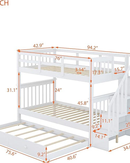 Twin Over Twin Bunk Bed with Stairs Storage and Trundle, Stairway Wooden 3 Bedframes in 1 with Safety Guardrails, for Kids Teens Adult Bedroom, White - LeafyLoom