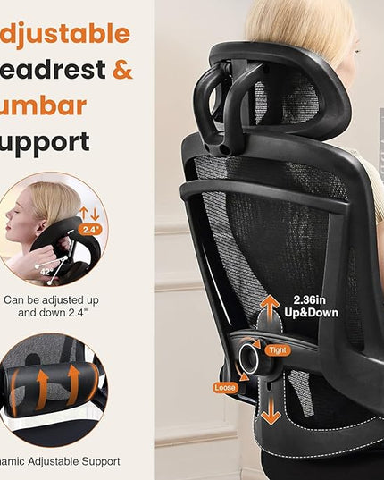 Ergonomic Office Chair, High Back Desk Chair with Adjustable Lumbar Support & Headrest,Comfortable Mesh Computer Chair with Soft Flip Up Arms, Adjustable Height and 120°Tilt,Black - LeafyLoom
