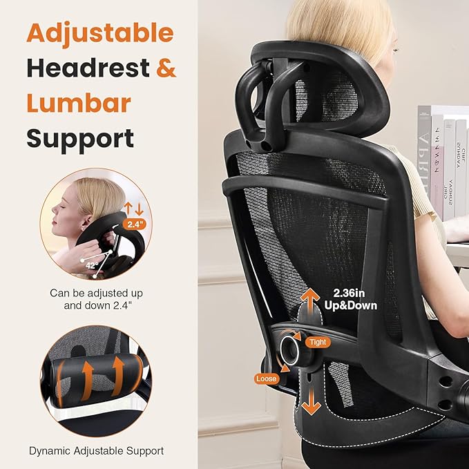 Ergonomic Office Chair, High Back Desk Chair with Adjustable Lumbar Support & Headrest,Comfortable Mesh Computer Chair with Soft Flip Up Arms, Adjustable Height and 120°Tilt,Black - LeafyLoom