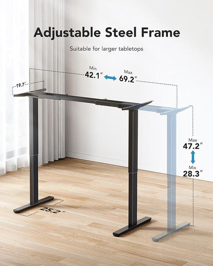 HUANUO 265 lbs Dual Motor Electric Standing Desk Frame, Thick T-Shaped Desk Legs Made of Automotive-Grade Steel, for Max 90″ x 31.5″ Desktop, Height Adjustable Desk Frame for Home Office, Frame Only - LeafyLoom