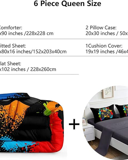 6 Pieces Gaming Bedding Set for Boys Gamer Comforter Set Queen Size,Game Controller Comforter for Boys Kids 6 Pieces Bed in A Bag 3D Gamepad Microfiber Bedding Sets,DJT H5019 Queen - LeafyLoom