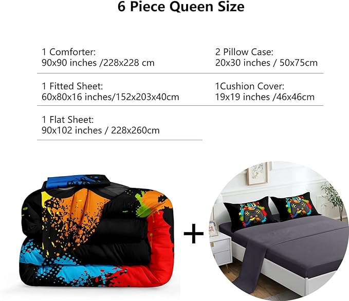 6 Pieces Gaming Bedding Set for Boys Gamer Comforter Set Queen Size,Game Controller Comforter for Boys Kids 6 Pieces Bed in A Bag 3D Gamepad Microfiber Bedding Sets,DJT H5019 Queen - LeafyLoom