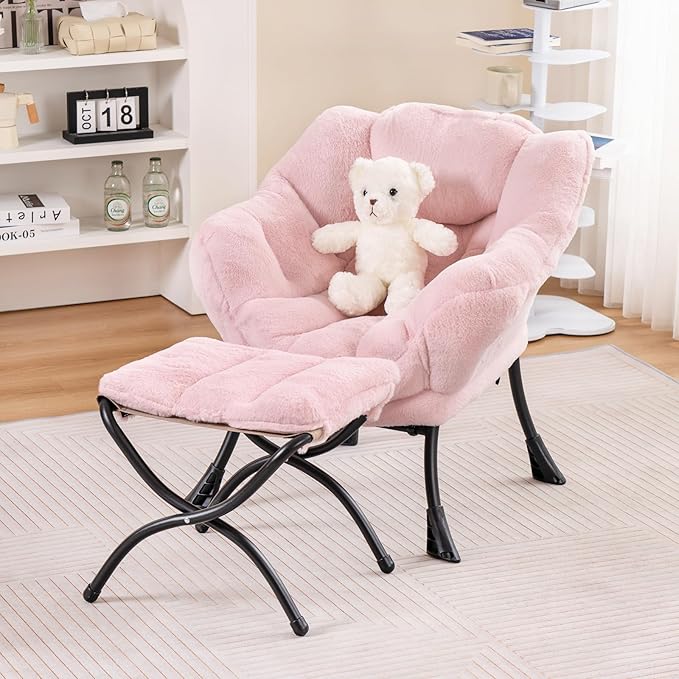 Welnow Toddler Kids Lazy Chair with Ottoman, Accent Comfy Lounge Children Armchair Couch with Armrest and Removable Cover, Detachable Reading Chair with Footrest for Boy or Girl, Plush Pink - LeafyLoom