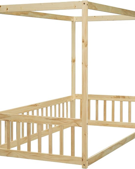 Twin Size Canopy Bed Frame with Guardrails for Kids,Floor Bed Twin with Four Poster Design,Kids Montessori Floor Bed,Wood Canopy Bed Frame for Girls,Boys(Twin,Natural) - LeafyLoom