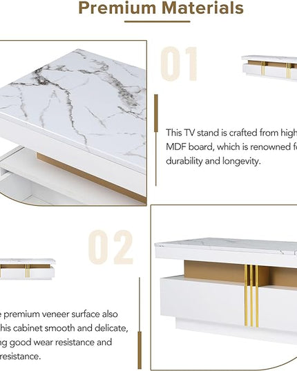 Merax Luxury TV Stand with High Gloss Faux Marble Top, Golden Panel Design, and 3 Drawers for Televisions Up to 78'', Rectangle Media Console, Practical Entertainment Center for Living Room, White - LeafyLoom