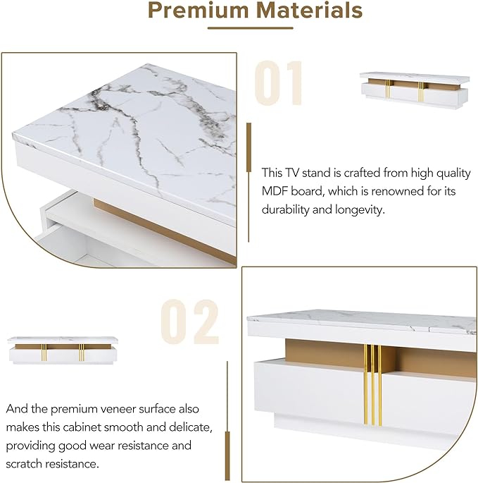 Merax Luxury TV Stand with High Gloss Faux Marble Top, Golden Panel Design, and 3 Drawers for Televisions Up to 78'', Rectangle Media Console, Practical Entertainment Center for Living Room, White - LeafyLoom