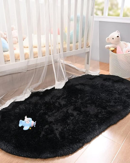 Merelax Soft Shaggy Rug for Kids Bedroom, Oval 2.6'x5.3' Black Plush Fluffy Carpets for Living Room, Furry Carpet for Teen Girls Room, Anti-skid Fuzzy Comfy Rug for Nursery Decor Cute Baby Play Mat - LeafyLoom