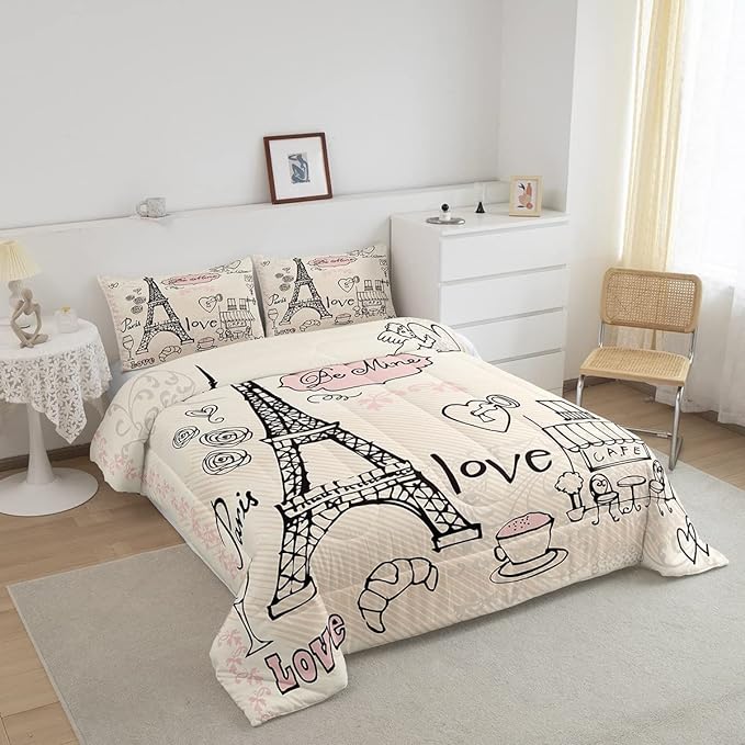 Feelyou Eiffel Tower Comforter Set Paris Tower Comforter for Girls Romantic Rose Chic Paris Bedding Set Paris Cityscape Printed Heart Love Duvet Set Room Decor Quilt King Boys - LeafyLoom