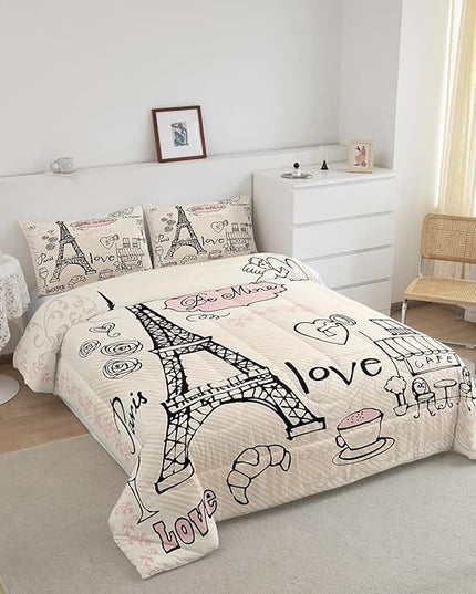 Feelyou Eiffel Tower Comforter Set King Paris Tower Comforter for Girls Romantic Rose Chic Paris Bedding Set Paris Cityscape Printed Heart Love Duvet Set Room Decor Quilt Boys - LeafyLoom