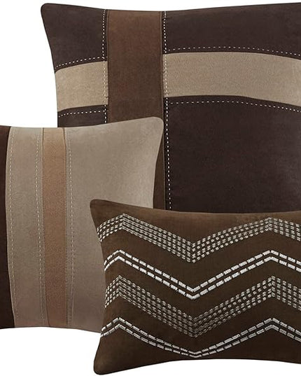 Madison Park Palisades Comforter Set Modern Faux Suede Pieced Stripe Design, All Season Down Alternative Cozy Bedding with Matching Shams, Decorative Pillows, Queen(90"x90"), Brown 7 Piece - LeafyLoom