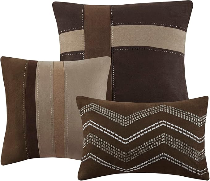 Madison Park Palisades Comforter Set Modern Faux Suede Pieced Stripe Design, All Season Down Alternative Cozy Bedding with Matching Shams, Decorative Pillows, Queen(90"x90"), Brown 7 Piece - LeafyLoom