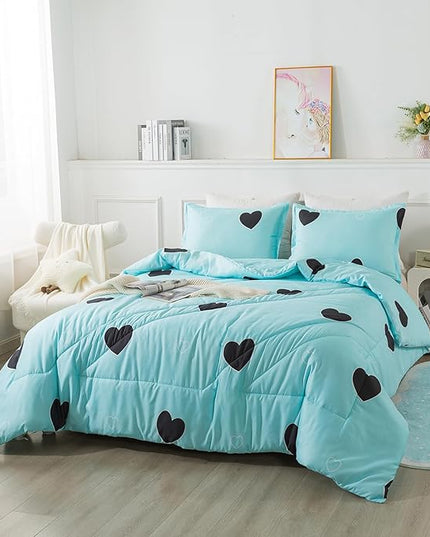 Love Pattern Girls Comforter Set King Size, Sky Blue Cute Love Heart Print Comforter Bedding Set for All Seasons, Geometric Soft Microfiber 3 Pieces Comforter Set with Pillowcases - LeafyLoom