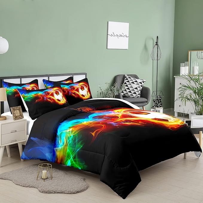 Bodhi Soccer Comforter Set King Size,Fire Sports Comforter Set for Boys,Football Bedding King,Teen Boy Bedding Set with Matching Pillowcases,Kids Comforter Set King - LeafyLoom