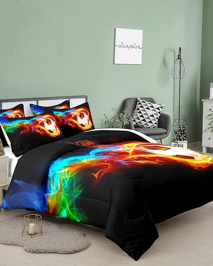 Bodhi Soccer Comforter Set Queen Size,Fire Sports Comforter Set for Boys,Football Bedding Queen,Teen Boy Bedding Set with Matching Pillowcases,Kids Comforter Set Queen - LeafyLoom