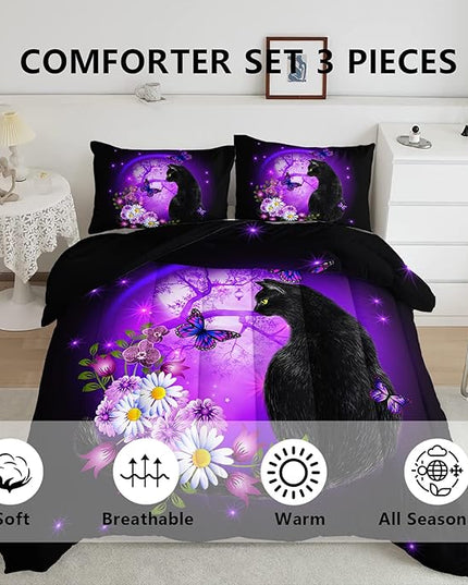 Black Cat Bedding Cartoon Cat Comforter Set Queen,Daisy Butterflies Printed Kids Bedding Set for Kids Boys Girls Adults Room Decor,Kids Comforter Set All Season,1 Quilt 2 Pillow Cases,Purple - LeafyLoom
