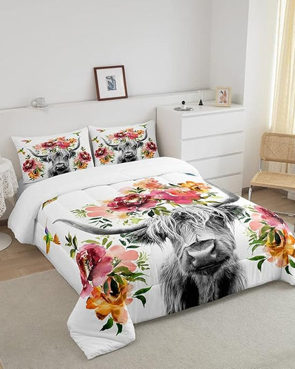 Erosebridal Highland Cow Floral Comforter Set King Size Bull Cattle Flower Bedding Set Wildlife Farmhouse Cow Quilt Hummingbird Duvet Insert Soft All Season White Down Comforter with 2 Pillowcases - LeafyLoom