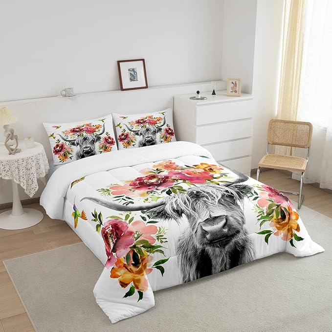 Erosebridal Highland Cow Floral Comforter Set Full Size Bull Cattle Flower Bedding Set Wildlife Farmhouse Cow Quilt Hummingbird Duvet Insert Soft All Season White Down Comforter with 2 Pillowcases - LeafyLoom