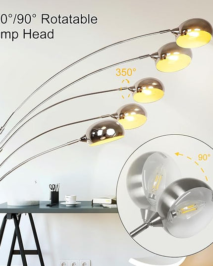 DLLT 5-Light Arc Floor Lamp, 86.6" Chrome Floor Lamps for Living Room, Multi-Head LED Standing Tall Lamp with Adjustable Arms, Modern Tree Floor Lamp for Bedroom, Study, Office, E12 Bulbs Included - LeafyLoom