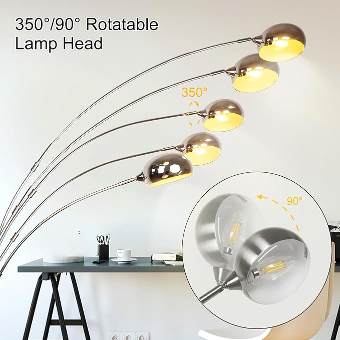 DLLT 5-Light Arc Floor Lamp, 86.6" Chrome Floor Lamps for Living Room, Multi-Head LED Standing Tall Lamp with Adjustable Arms, Modern Tree Floor Lamp for Bedroom, Study, Office, E12 Bulbs Included - LeafyLoom