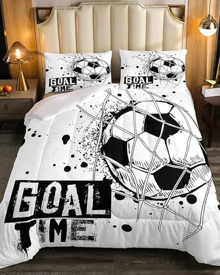Erosebridal Kids Football Comforter Set Full Size American Soccer Bedding Set Sports Games Duvet Sets for Boys Girls Children Teens Geometric Polygon Down Comforter for Bedroom, Black White - LeafyLoom
