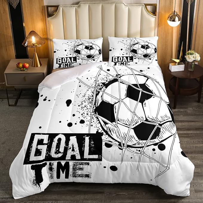 Erosebridal Kids Football Comforter Set Full Size American Soccer Bedding Set Sports Games Duvet Sets for Boys Girls Children Teens Geometric Polygon Down Comforter for Bedroom, Black White - LeafyLoom