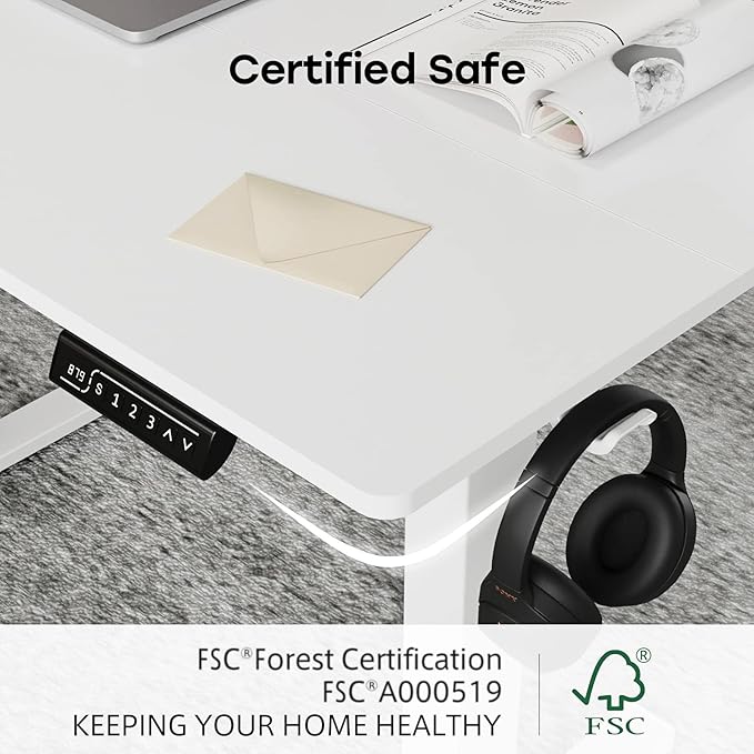 White Standing Desk, 48 X 24 Inch Adjustable Height Electric Desk, Sit Stand Desk with Splice Board and 2 Hooks, Ergonomic Rising Desk for Home Office - LeafyLoom