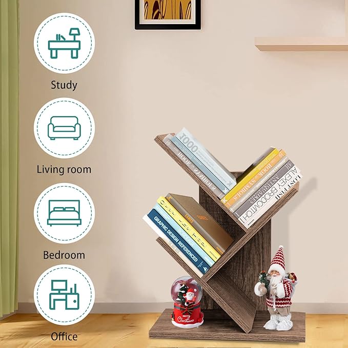 Tree Bookshelf, 3-Tier Small Book Storage Organizer Shelves Floor Standing Bookcase, Wood Storage Rack for Office Home School Shelf Display for Cd/Magazine（Dark Walnut ） - LeafyLoom