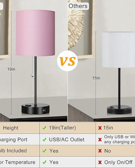 WIHTU 3 Color Temperature Bedside Table Lamps Set of 2, Modern Small Lamp with USB and Outlet, Bedroom Lamp for Nightstand with Chain Switch, Pink Desk Lamp for Living Room, Two Bulbs Included - LeafyLoom