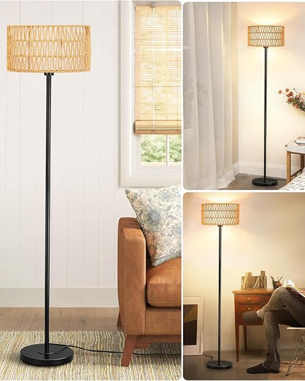 Rattan Floor Lamps for Living Room, Rattan Boho Floor Lamp, Black Metal Floor Lamp with LED Bulb, Rattan Fabric Double Shades, Farmhouse Rustic Floor Lamp, Standing Lamp for Living Room Bedroom Office - LeafyLoom