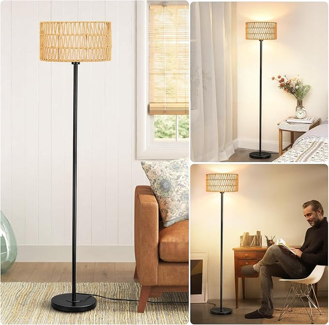 Rattan Floor Lamps for Living Room, Rattan Boho Floor Lamp, Black Metal Floor Lamp with LED Bulb, Rattan Fabric Double Shades, Farmhouse Rustic Floor Lamp, Standing Lamp for Living Room Bedroom Office - LeafyLoom