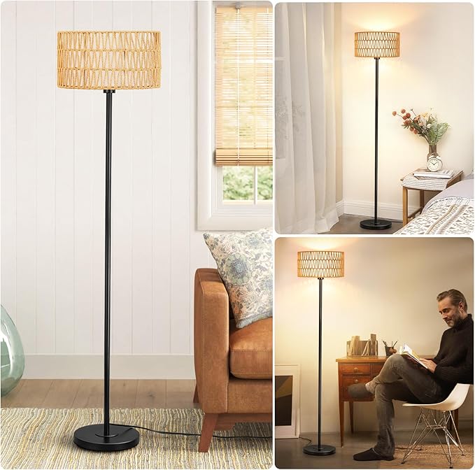 Rattan Floor Lamps for Living Room, Rattan Boho Floor Lamp, Black Metal Floor Lamp with LED Bulb, Rattan Fabric Double Shades, Farmhouse Rustic Floor Lamp, Standing Lamp for Living Room Bedroom Office - LeafyLoom