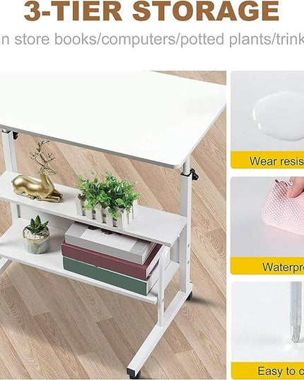 Adjustable Height Mobile Computer Desk for Small Space Rolling Writing with Wheels Corner Home Office Study Portable Bedrooms Work Size 31.5x15.7 Inch Storage Gaming Table, White - LeafyLoom