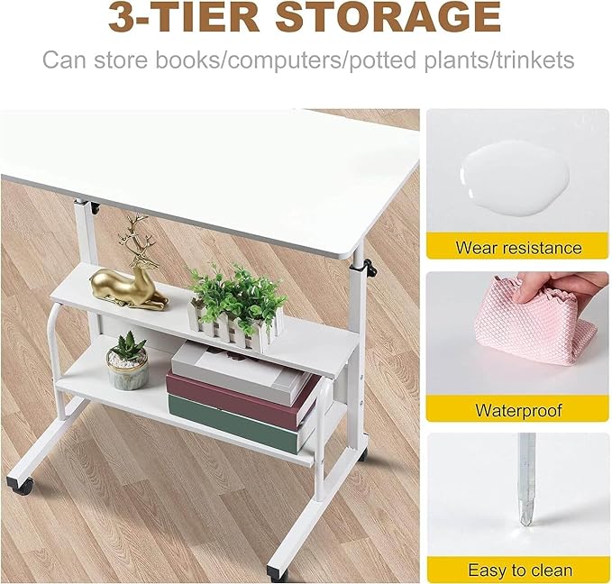 Adjustable Height Mobile Computer Desk for Small Space Rolling Writing with Wheels Corner Home Office Study Portable Bedrooms Work Size 31.5x15.7 Inch Storage Gaming Table, White - LeafyLoom