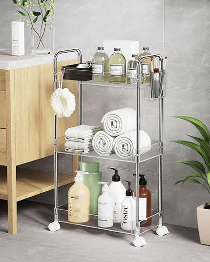 SPACEKEEPER 3 Tier Acrylic Storage Rolling Cart Clear Bathroom Cart Organizer, Transparency Laundry Room Organization Mobile Shelving Unit Multifunction Rolling Utility Cart for Office Living Room - LeafyLoom