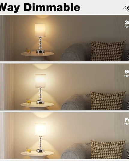 Touch Bedside Crystal Lamps for Bedrooms Nightstand with USB C+A Charging Port and AC Outlet White, 3 Way Dimmable Silver Small End Side Table Lamp for Living/Guest/Dinning Room/Kitchen - LeafyLoom